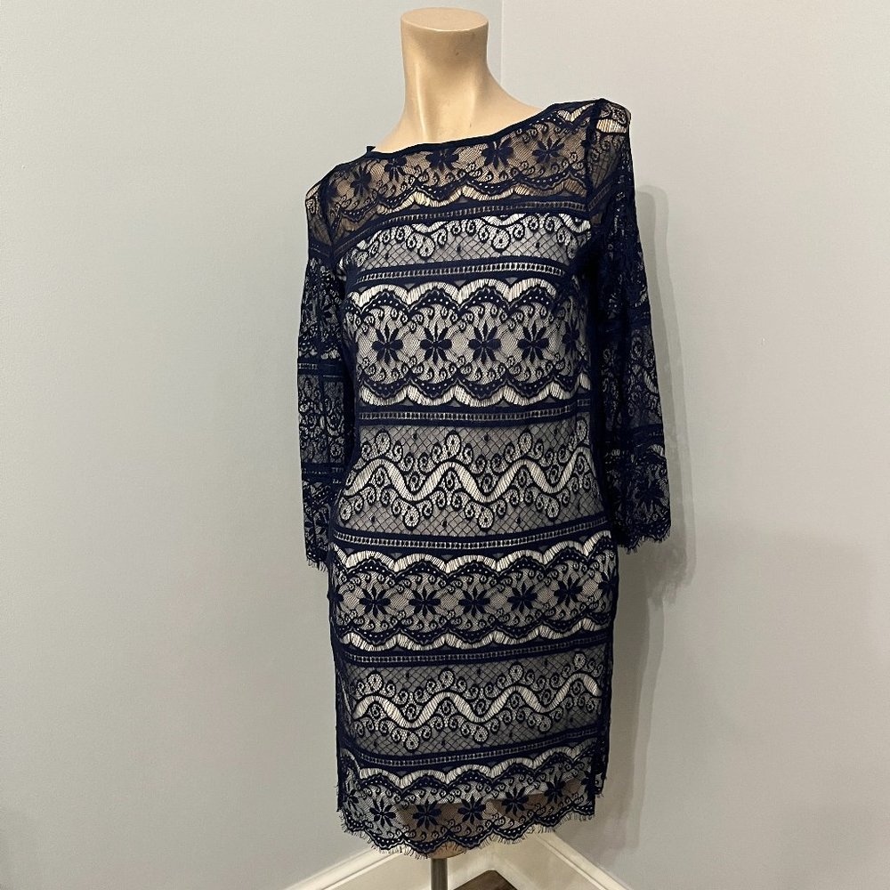Navy Blue Lacy Shift Dress Hugs Body to show off Curves
